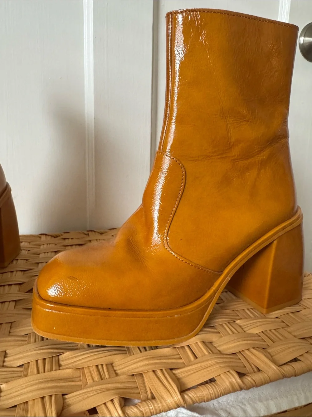 Free People Patent Platform Ankle Boots in Cognac